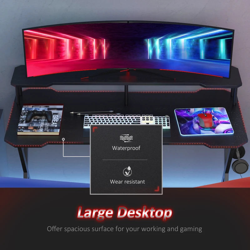 Black Gaming Desk with Headphone Hook - Adjustable Feet - 140 x 60cm