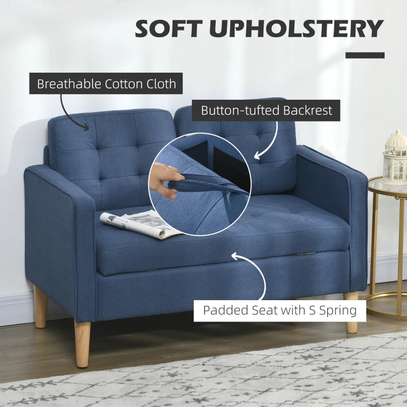 Blue Tufted Loveseat Sofa with Hidden Storage, 2 Seater Compact Couch