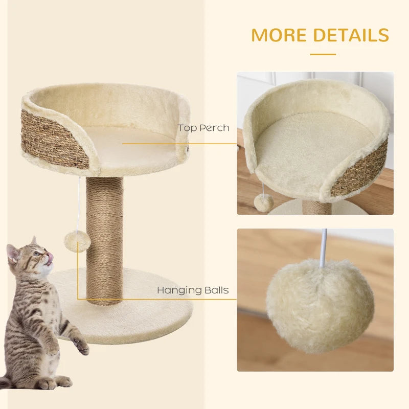 Beige Cat Tree Scratching Post with Dangling Ball