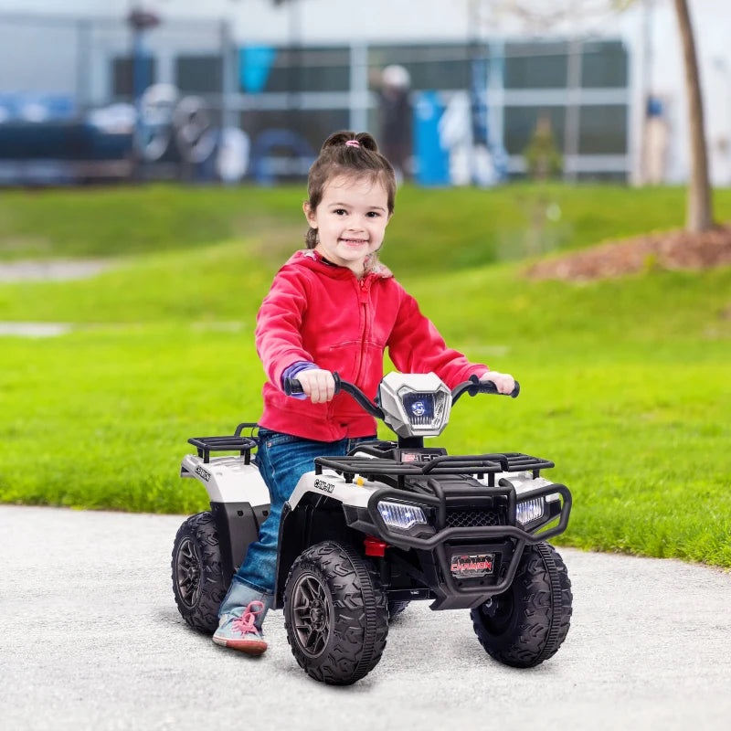 White Kids 12V Quad Bike with Music and LED Lights - Ages 3-5