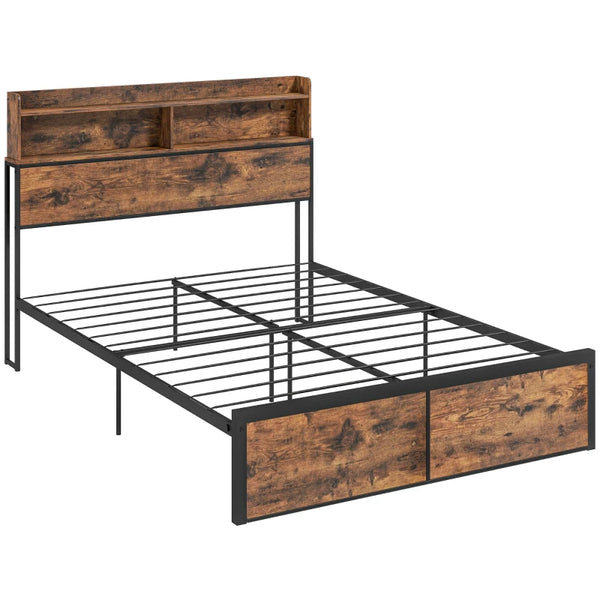 Rustic Brown Industrial Double Bed Frame with Storage, 4.8FT Steel Base, Headboard, Footboard, Slatted Support - 145 x 209cm