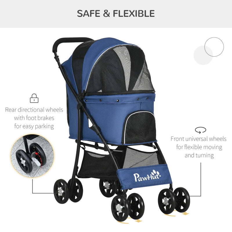 Dark Blue Pet Stroller with Large Carriage and Storage Bag