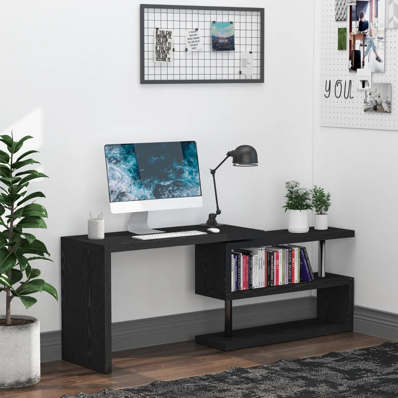 Black L-Shaped Rotating Corner Desk with Storage Shelf