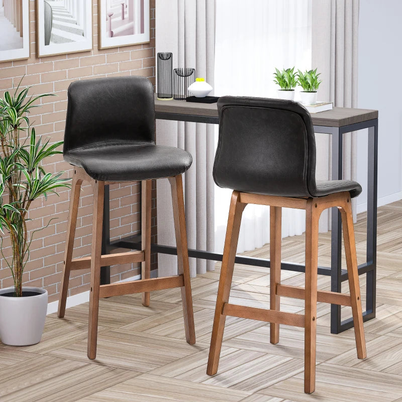 Modern Black PU Leather Bar Stools Set of 2 with Wooden Frame