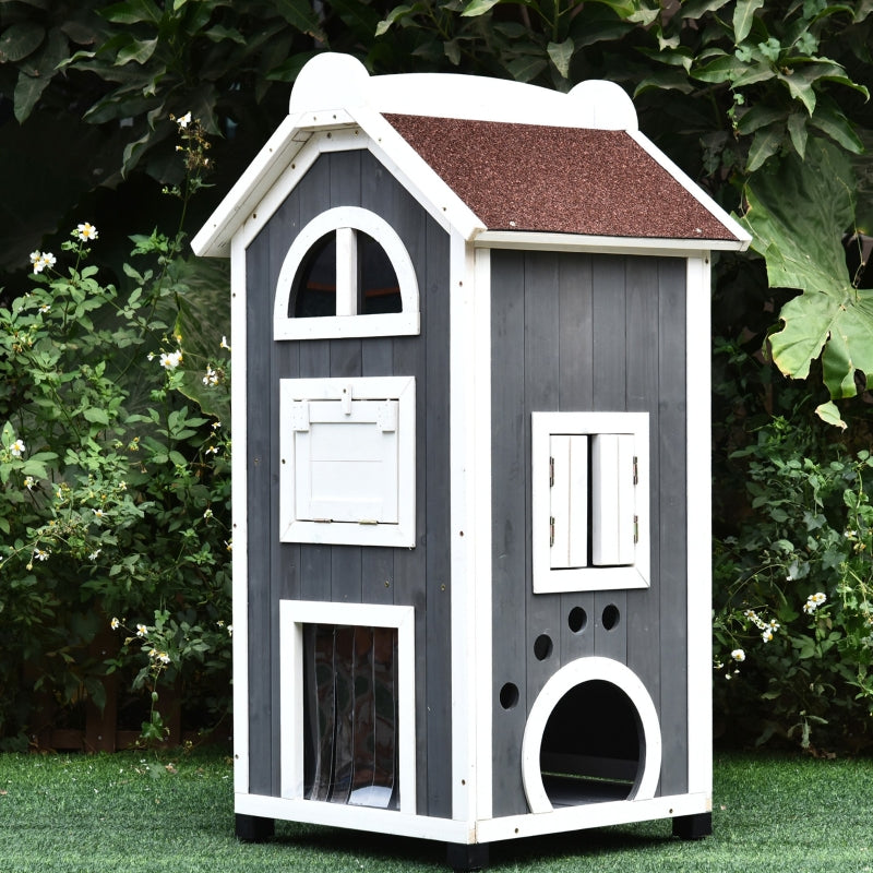 Grey & White Weatherproof Wooden Cat House with 2 Floors