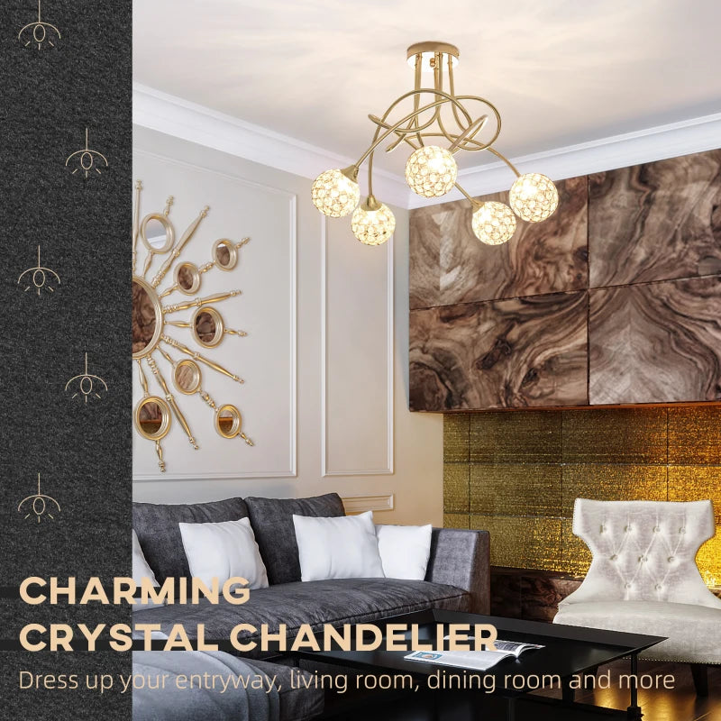 Modern Gold Crystal Chandelier with 5 Ball Lampshades - 5 G9 Bulbs