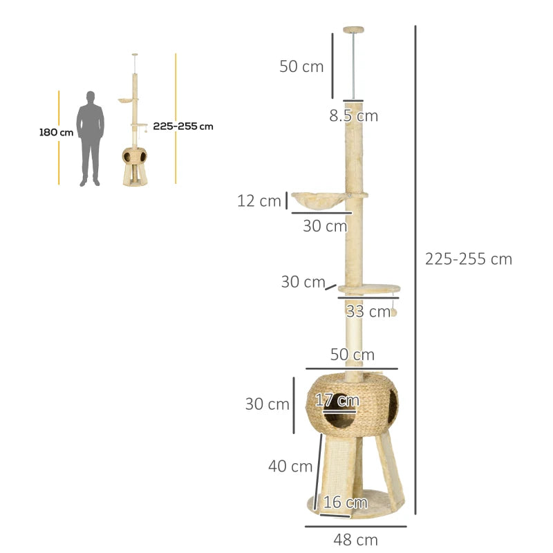 Beige Cat Tree Tower with Scratching Post and House - 255cm