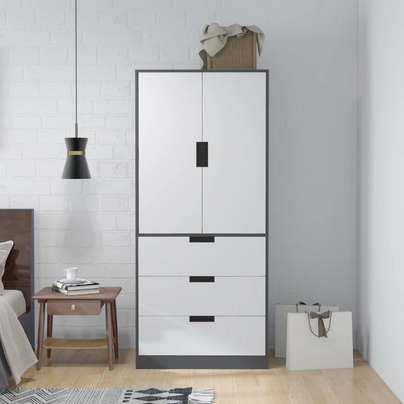 Grey 2-Door Wardrobe with Drawers and Hanging Rod for Bedroom