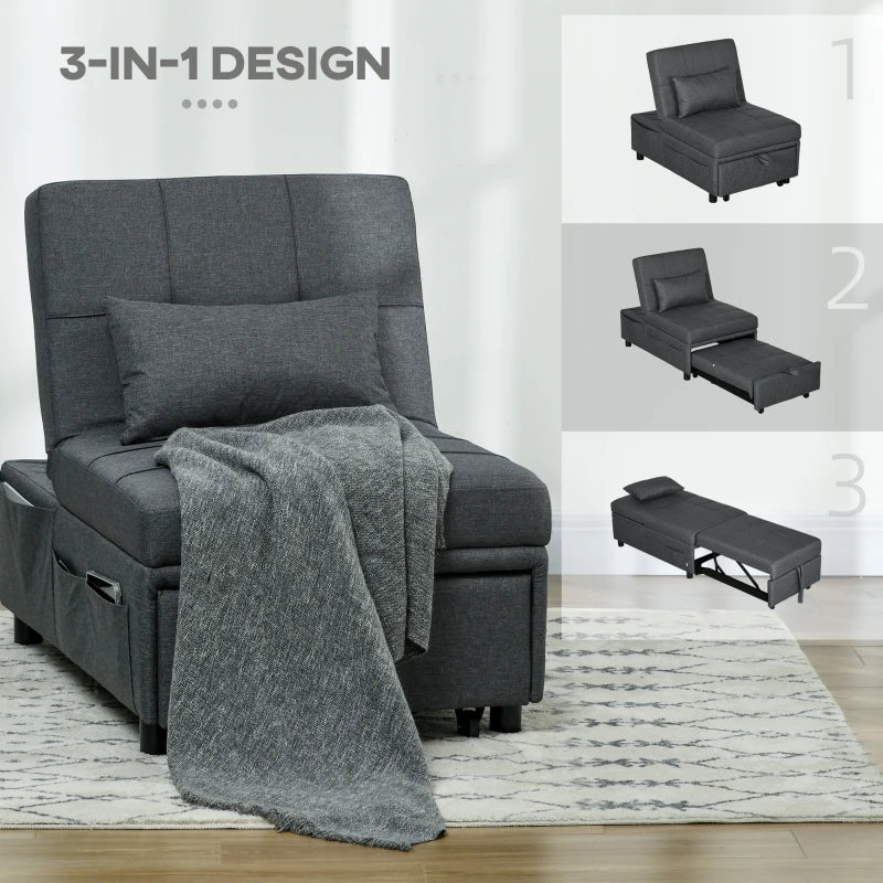 Grey Convertible Chair Bed with Adjustable Backrest and Side Pocket