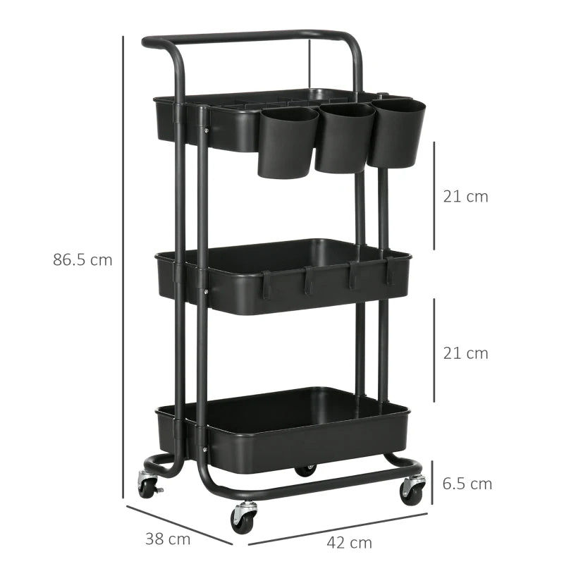 Black 3 Tier Utility Rolling Cart with Baskets and Hooks