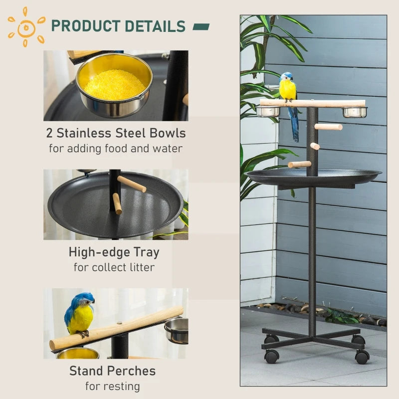 Metal Bird Play Stand with Feeding Station and Wheels, Black