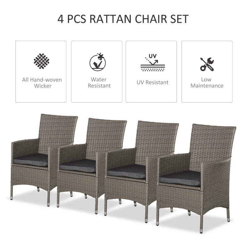 Grey Rattan Armchair Set with Cushions - Set of 4