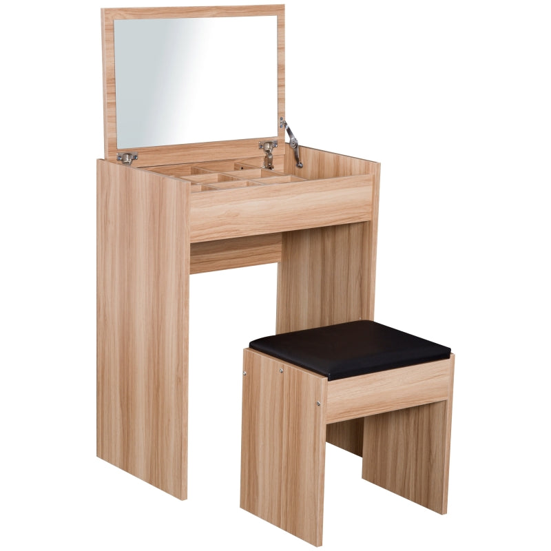 Wood Grain Dressing Table Set with Padded Stool and Flip-up Mirror