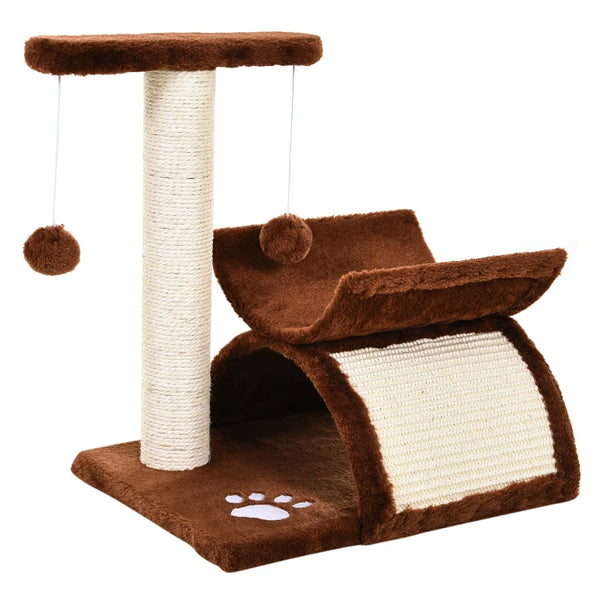 Brown Cat Tree with Rotating Top Bar, Scratching Post, Tunnel & Balls