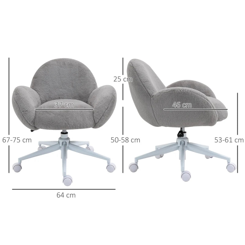 Grey Fluffy Rolling Desk Chair for Home Office or Bedroom