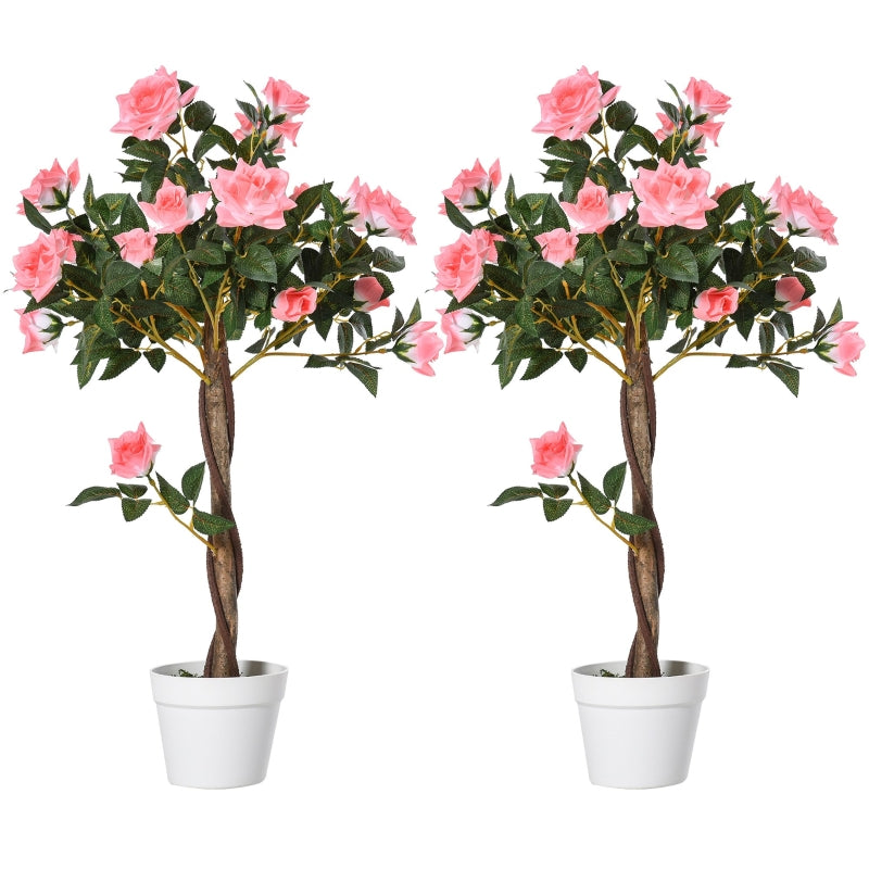 Set of 2 Pink Rose Artificial Plants in Pot, Indoor Outdoor Decor, 90cm