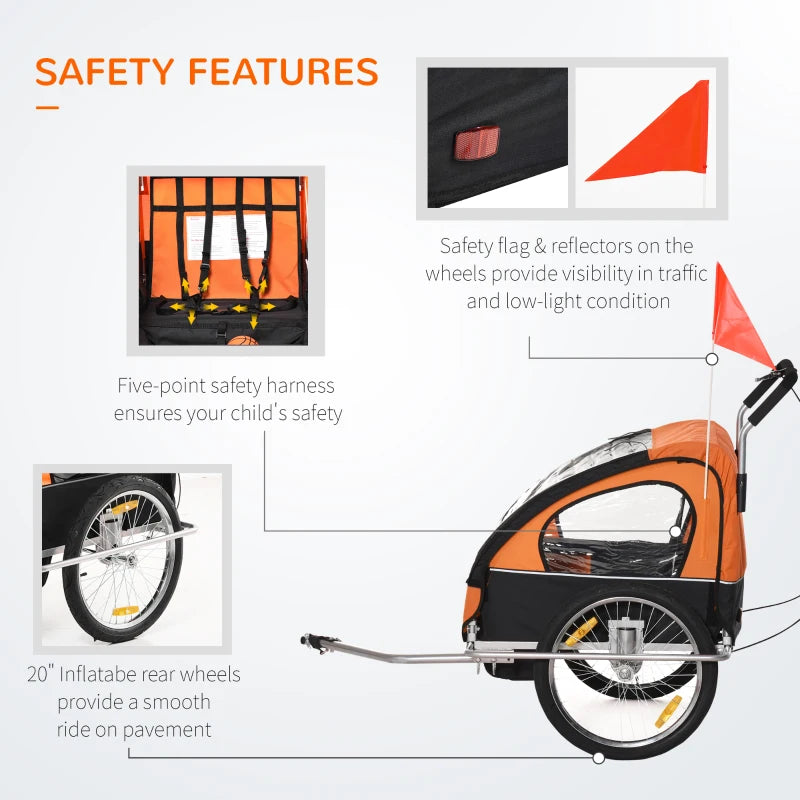 Orange 2-Seater Collapsible Baby Bike Trailer with Pivot Wheel Hitch