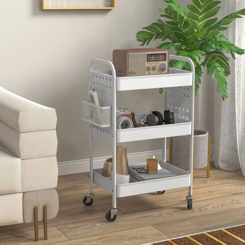 White 3-Tier Rolling Storage Trolley with Baskets and Hooks