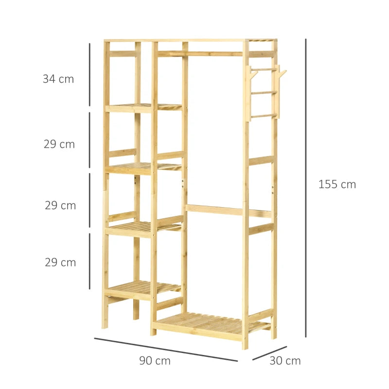 Natural Bamboo Garment Rack with Storage Shelf and Hanging Rail