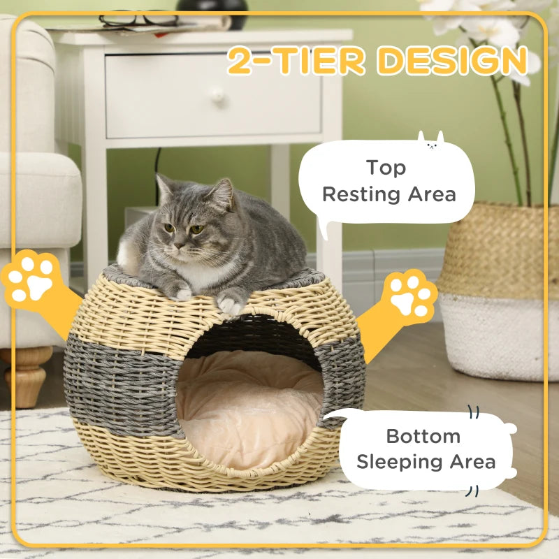 Rattan Wicker Cat Bed, Cozy Kitten Cave, Grey, Washable Cushion, 40x30cm