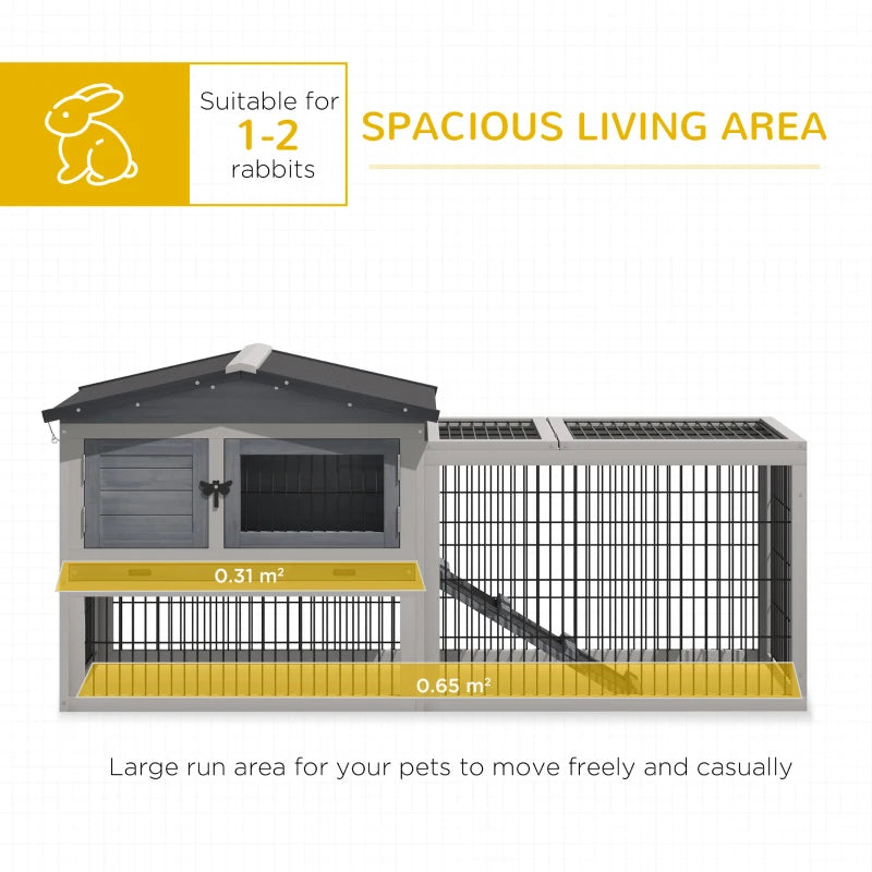 Grey Outdoor Rabbit Hutch with Run, 2-Level Design, Water-Resistant, 150 x 52.5 x 68 cm