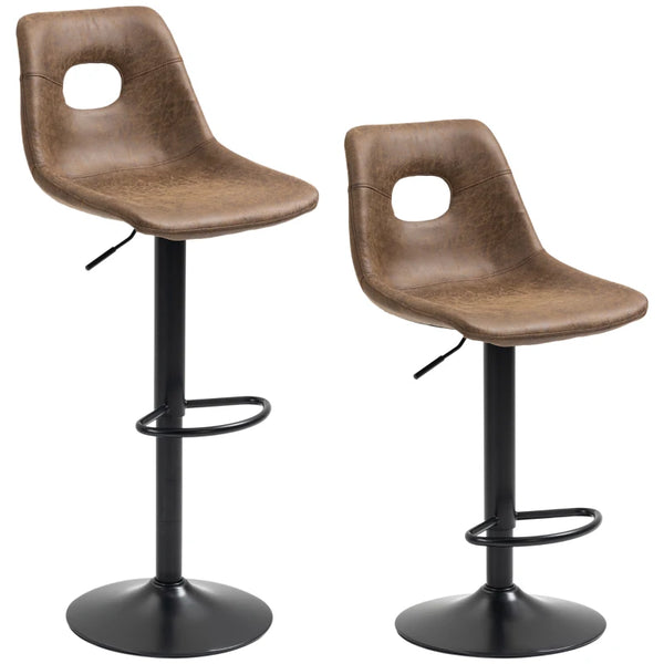 Brown Faux Leather Adjustable Bar Stools Set of 2