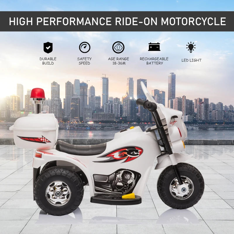 White 3-Wheel Electric Ride-On Motorcycle for Toddlers with Lights and Music