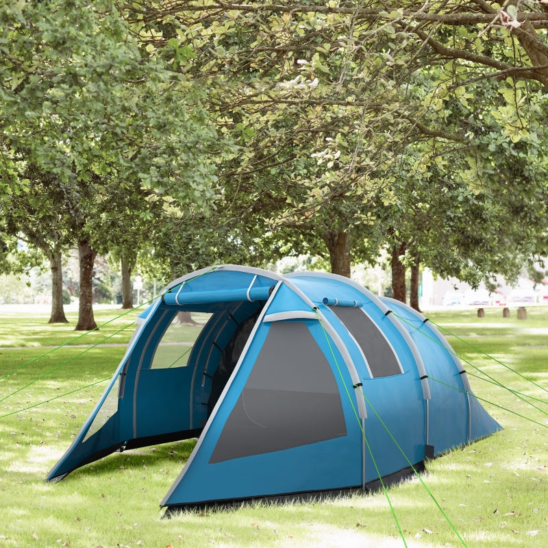 Blue 3-4 Person Tunnel Camping Tent with Windows and Covers