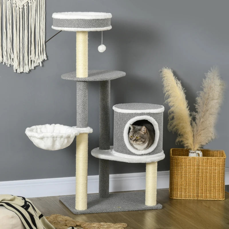 Cat Climbing Tower with Scratching Posts, Multi-level Cat Tree, 124cm - Grey