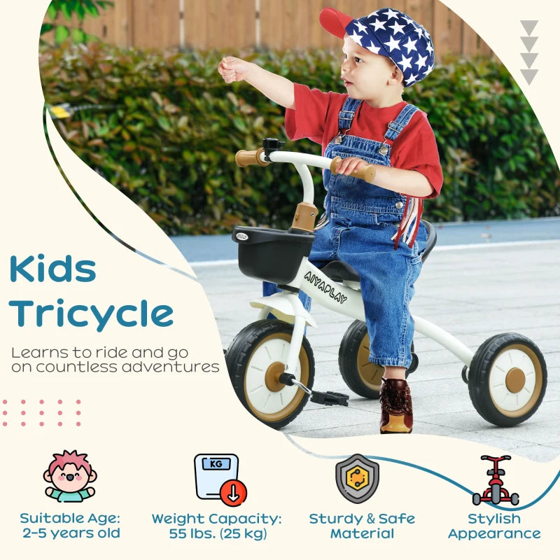 White Kids Trike with Adjustable Seat, Basket & Bell - Ages 2-5