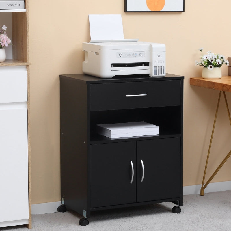 Black Printer Stand with Storage Drawer - Home Office Organizer