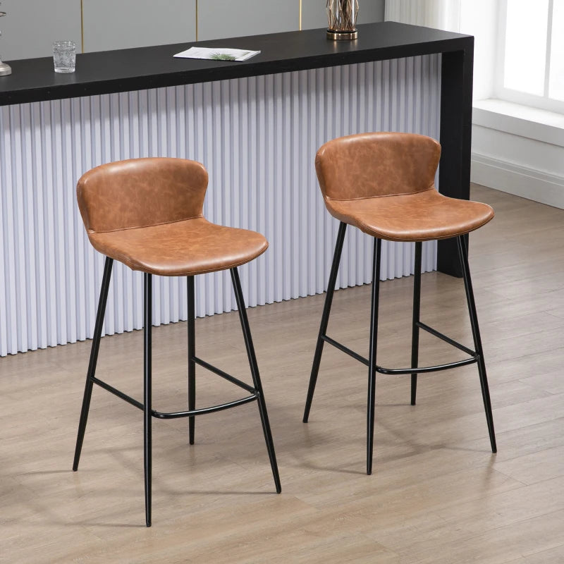 Brown PU Leather Bar Stools Set of 2 with Backs and Steel Legs