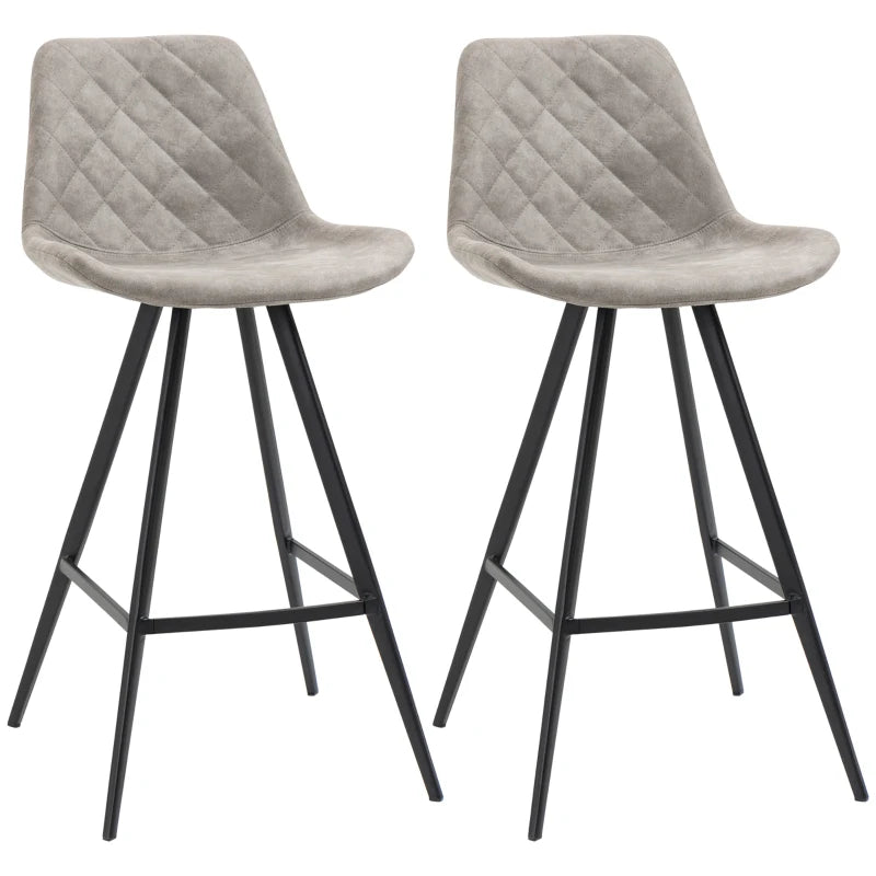 Grey Microfiber Bar Stools Set of 2 - Padded Steel Frame Footrest - Quilted Kitchen Chairs