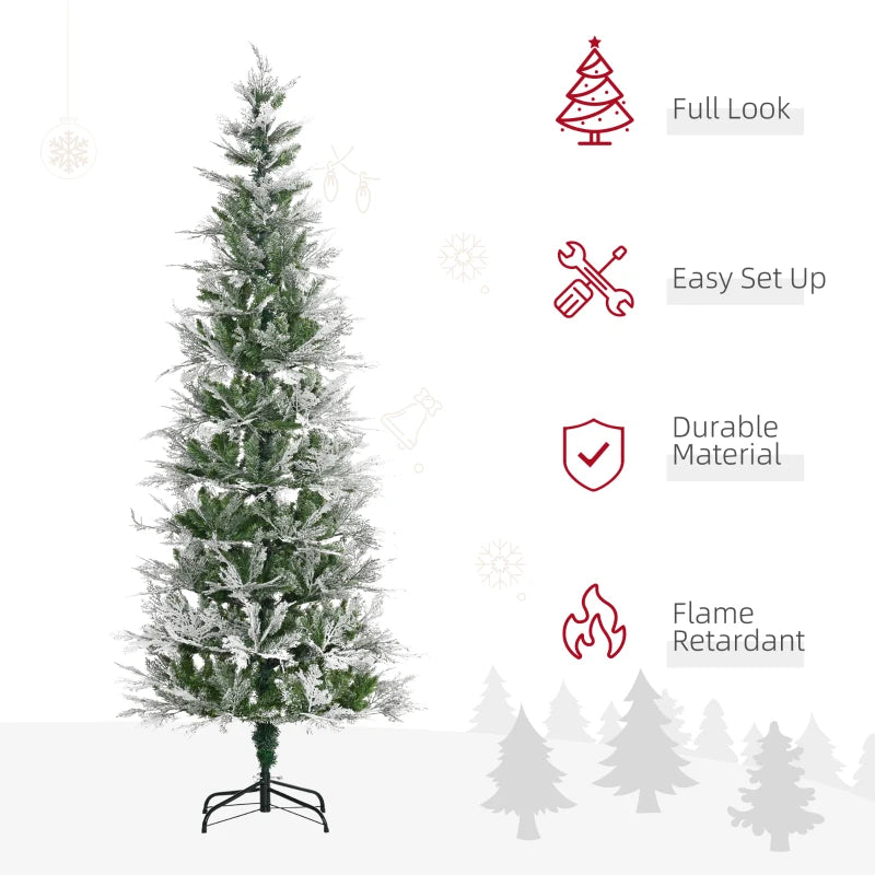 7 Ft Snow Flocked Pencil Christmas Tree, Realistic Cypress Branches, Green