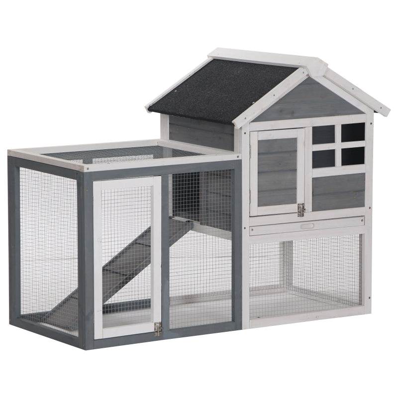 Grey 2-Tier Wooden Rabbit Hutch with Run and Sliding Tray, 122 x 62.6 x 92cm