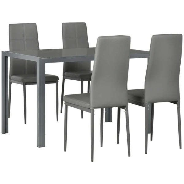 5-Piece Grey Dining Table Set with Glass Tabletop and Faux Leather Chairs