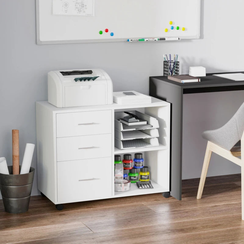 White Printer Stand with Wheels, 3 Drawers, 2 Shelves - Modern Office Storage Unit