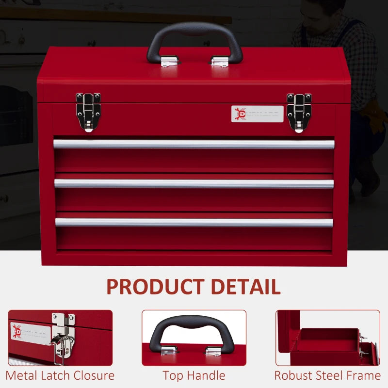 Red 3-Drawer Lockable Metal Tool Box with Handle and Ball Bearing Runners