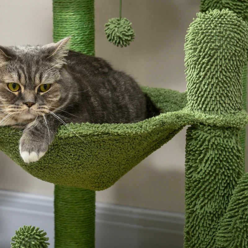 Green Chenille Cactus Cat Tree - 82cm Height with Scratching Post & Hammock