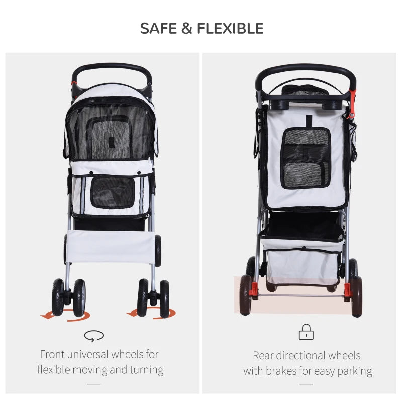 Grey Pet Stroller for Small Pets - Foldable Travel Carriage with Wheels