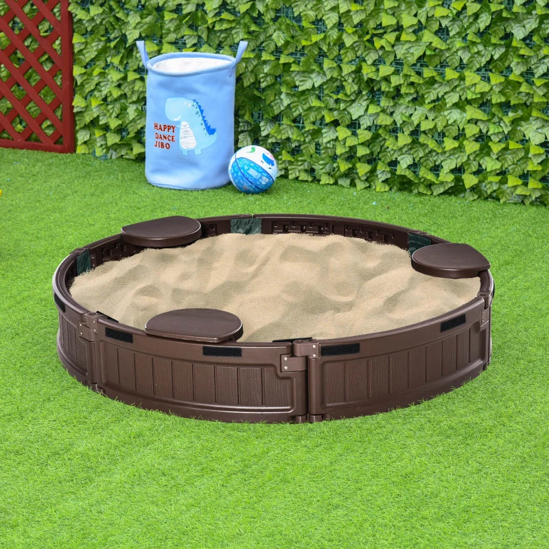 Brown Round Kids Sand Pit with Water-Resistant Cover