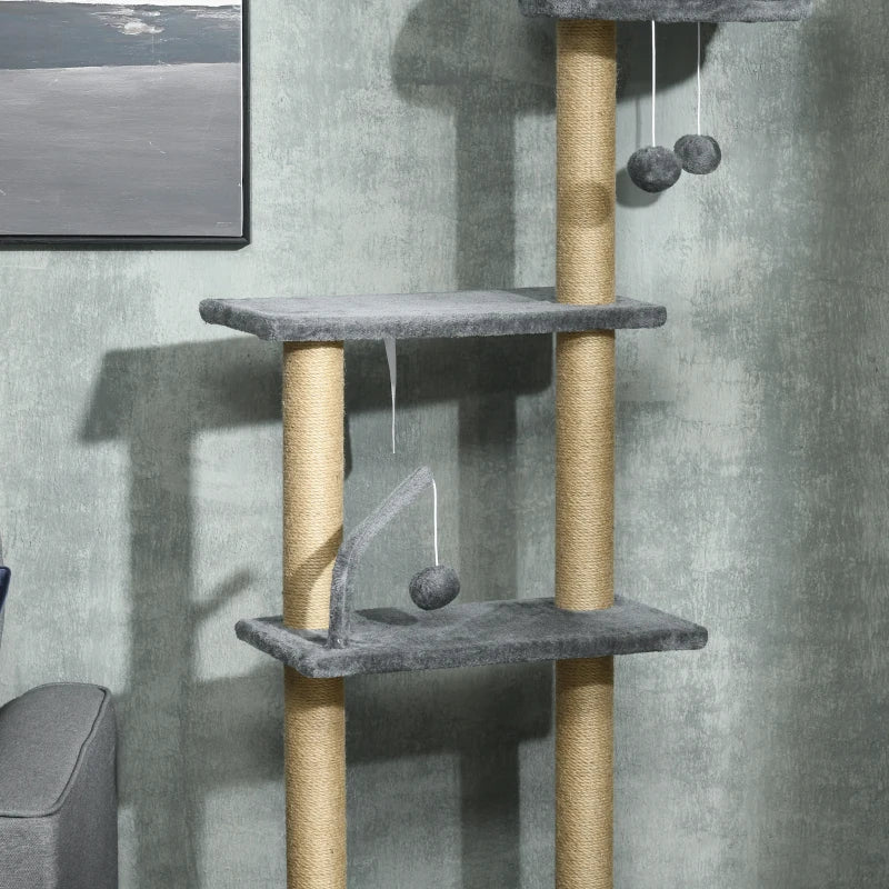 Grey 6-Tier Floor to Ceiling Cat Tree with Scratching Post and Hammock