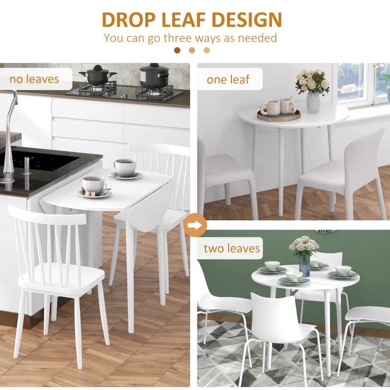 White Round Drop Leaf Dining Table for 4, Modern Space Saving Kitchen Table