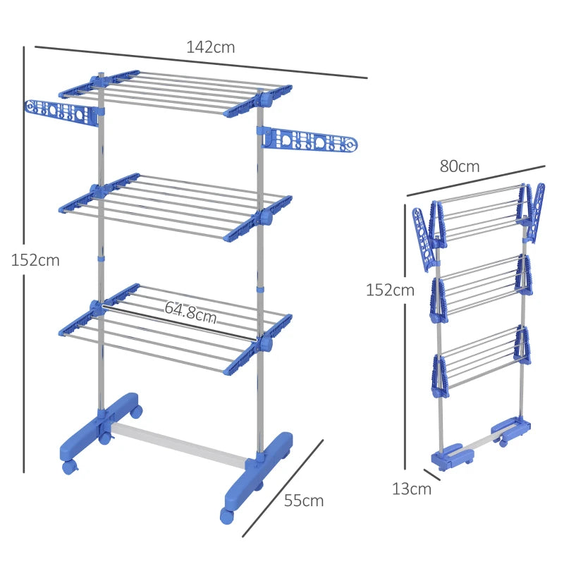 Blue Folding Clothes Drying Rack with Side Arms and Wheels