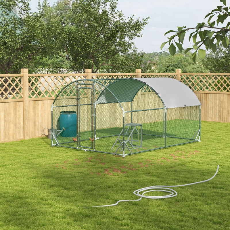 Large Chicken Run with Activity Shelf and Cover, 2.8 x 3.8 x 2m, Green