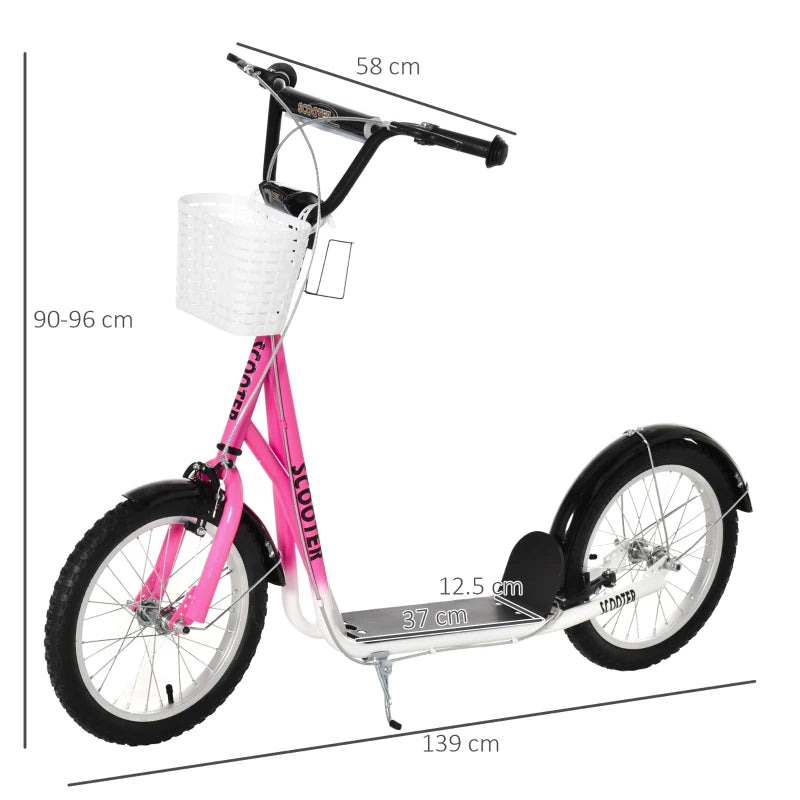 Pink Kids Scooter with Adjustable Handlebar, 2 Brakes, Basket, Cupholder, Mudguard, 16" Inflatable Tyres