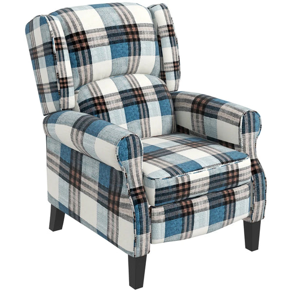 Blue Wingback Reclining Armchair with Footrest - Wood Legs