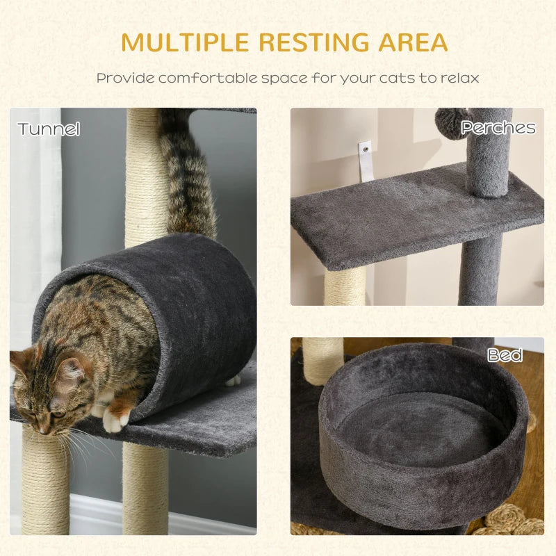 Grey Cat Tree Tower with Scratching Post and Interactive Toys