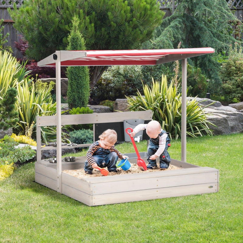 Wooden Sandbox with Canopy and Kitchen Toys for Outdoor Play - Blue