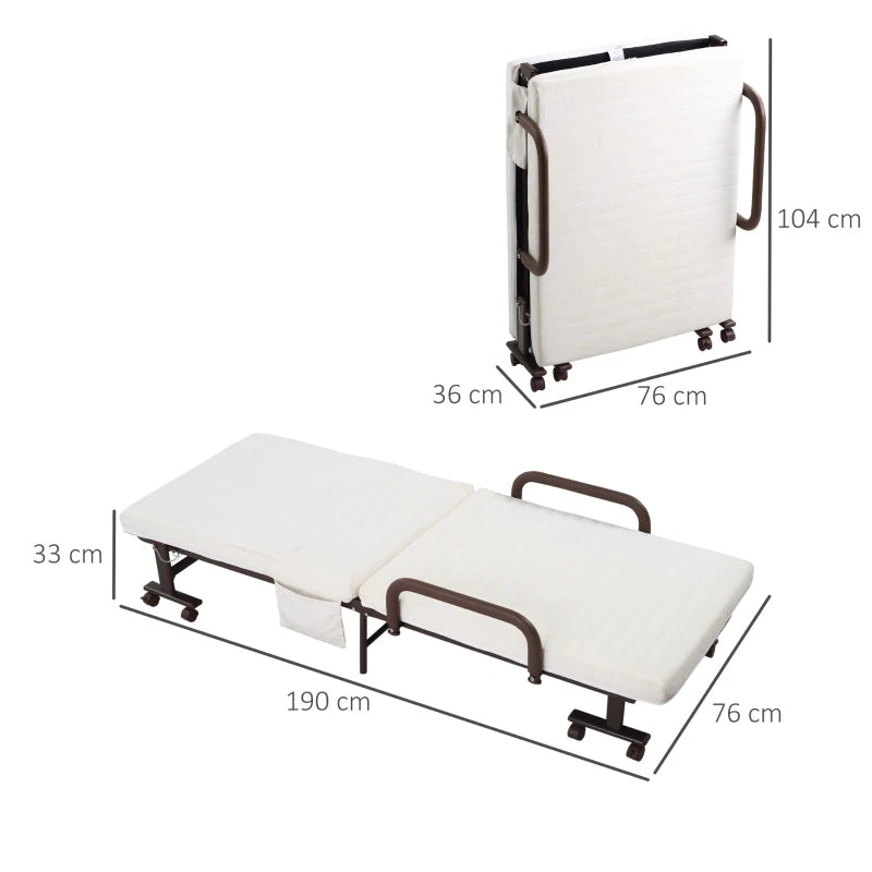 White Folding Guest Bed with Adjustable Backrest, Metal Frame - Single, Portable, 190 x 76 cm